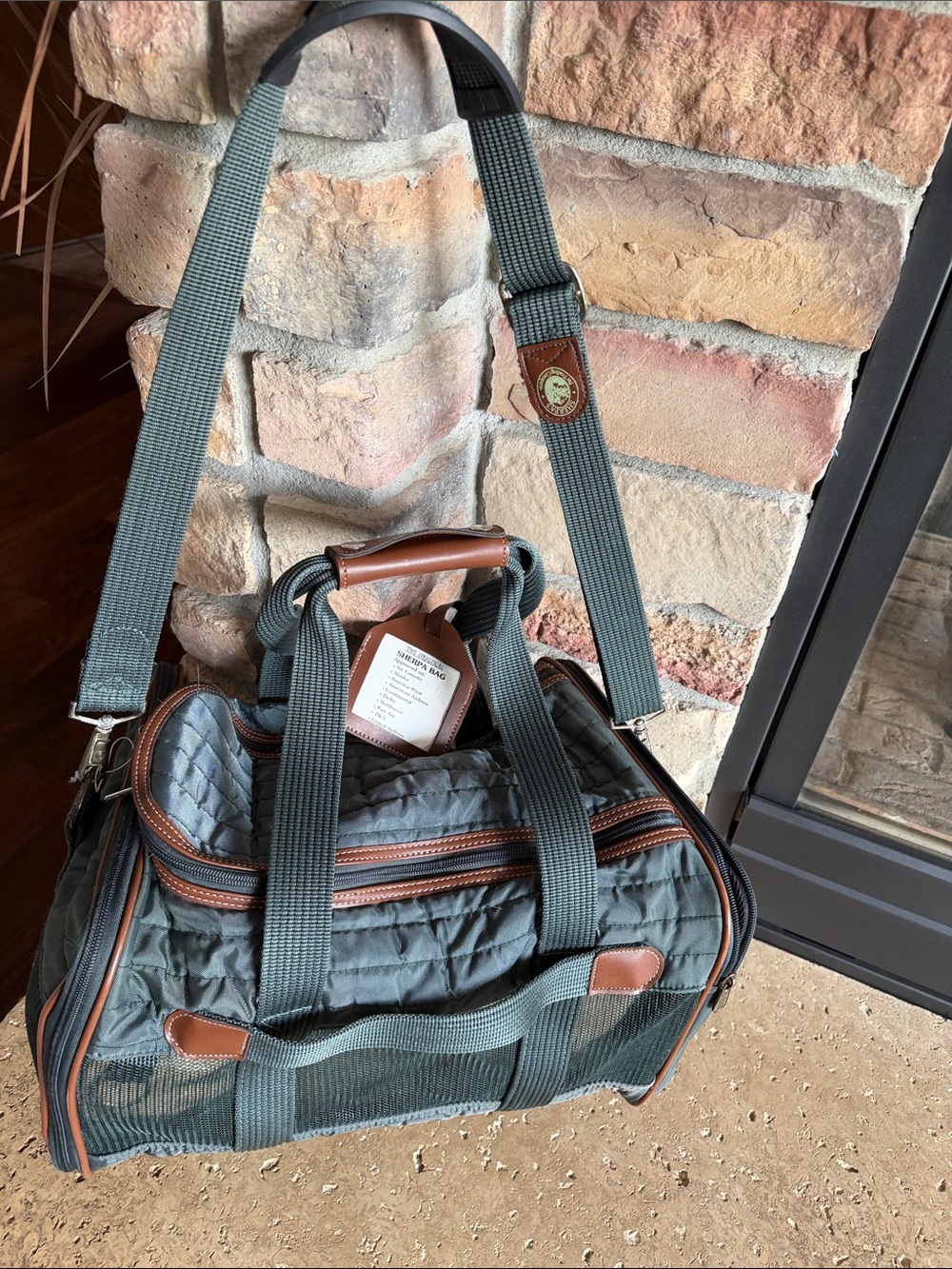 Sherpa Dog or Cat Quilted Green Duffel Bag Brown Trim Adjustable Shoulder Strap